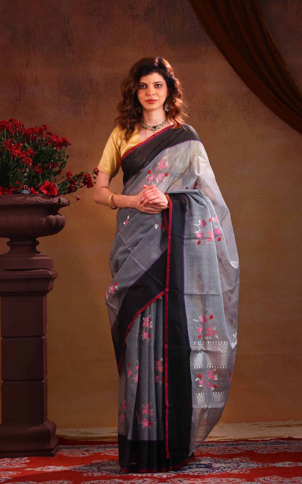 Grey & Black Zari Kota Saree With Jamdani Weaves