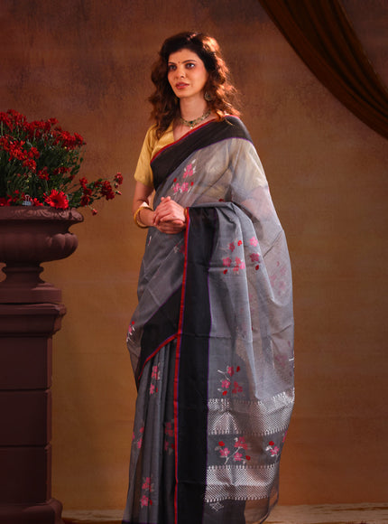 Grey & Black Zari Kota Saree With Jamdani Weaves