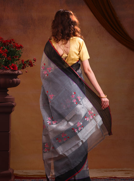 Grey & Black Zari Kota Saree With Jamdani Weaves