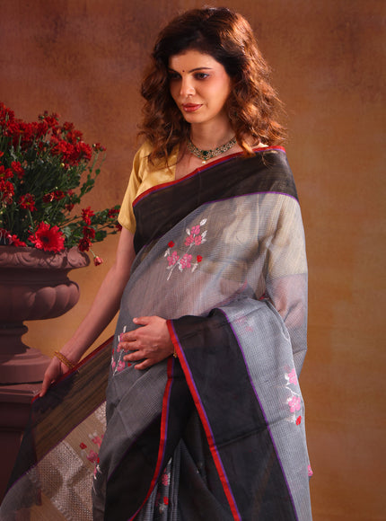 Grey & Black Zari Kota Saree With Jamdani Weaves