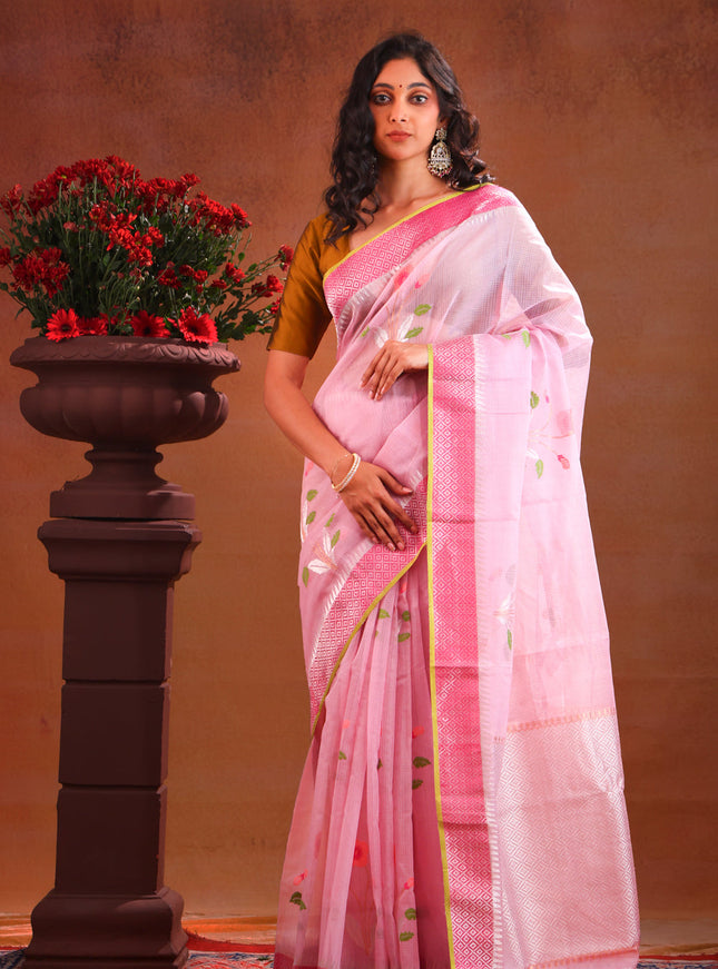 Baby Pink Zari Kota Saree With Jamdani Floral Motif