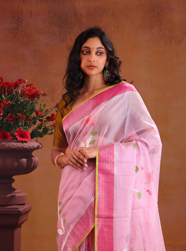 Baby Pink Zari Kota Saree With Jamdani Floral Motif