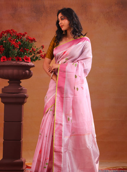 Baby Pink Zari Kota Saree With Jamdani Floral Motif