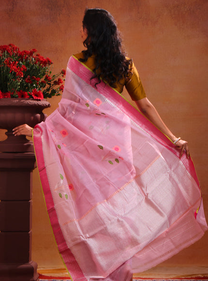 Baby Pink Zari Kota Saree With Jamdani Floral Motif