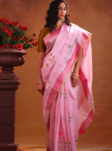 Baby Pink Zari Kota Saree With Jamdani Floral Motif