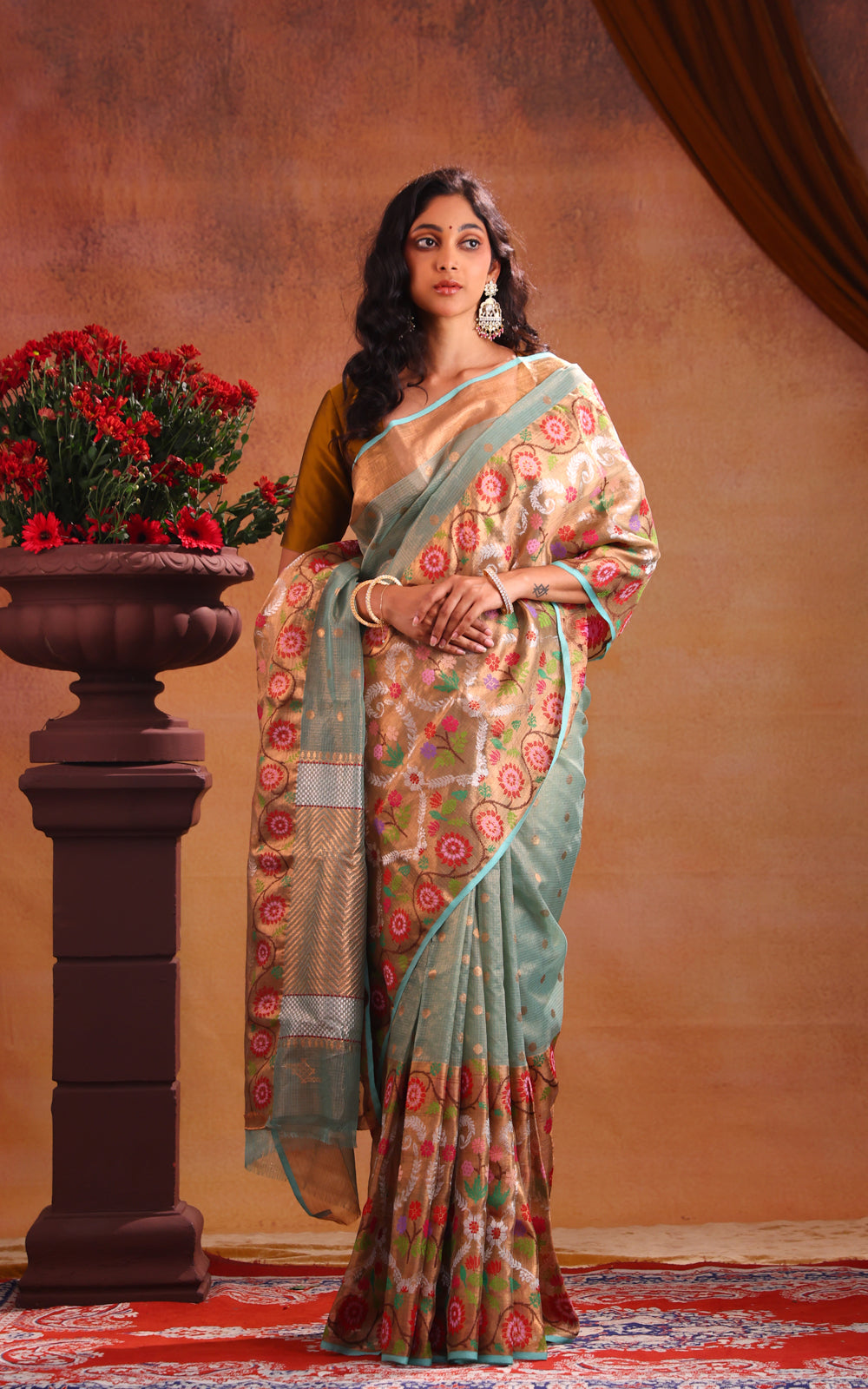 Teal Green Zari Kota Saree With Long Skirt Type Border