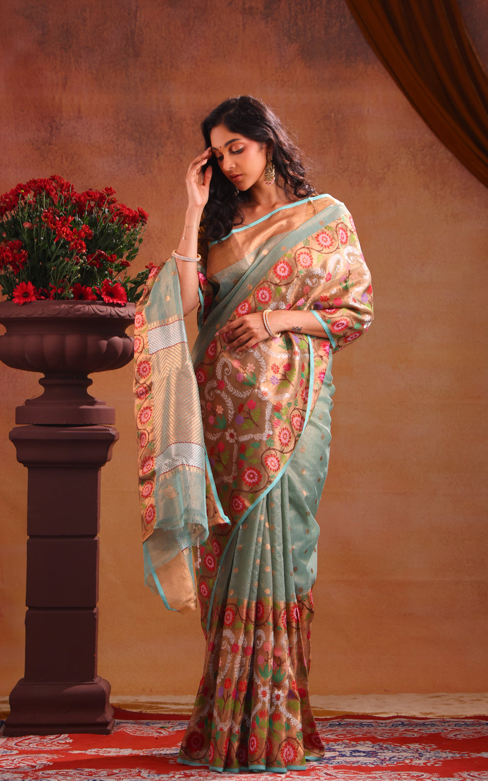 Teal Green Zari Kota Saree With Long Skirt Type Border