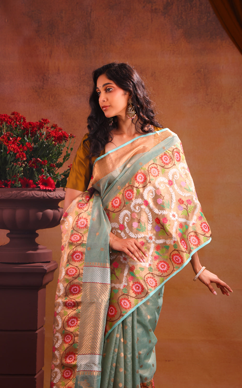 Teal Green Zari Kota Saree With Long Skirt Type Border