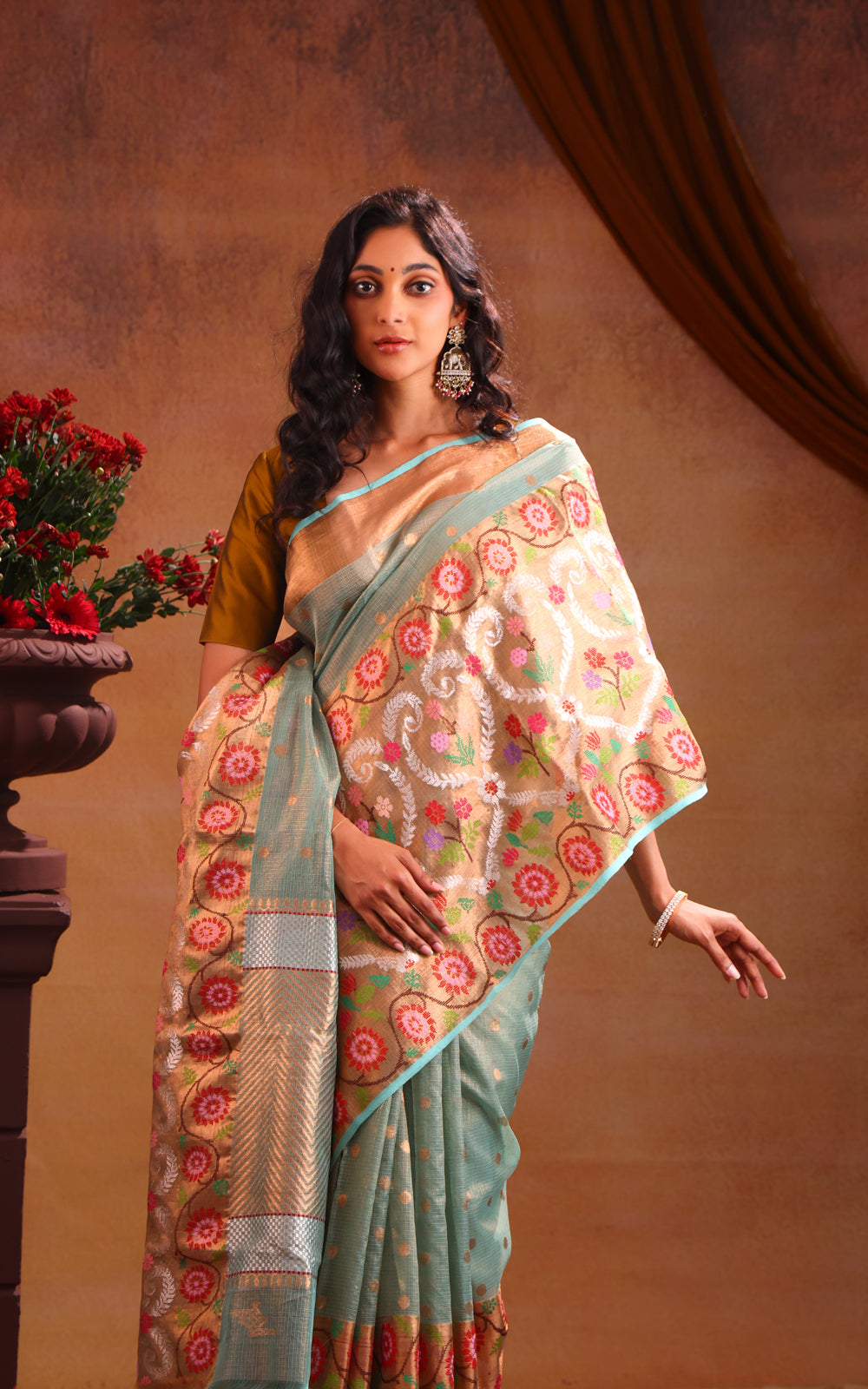 Teal Green Zari Kota Saree With Long Skirt Type Border