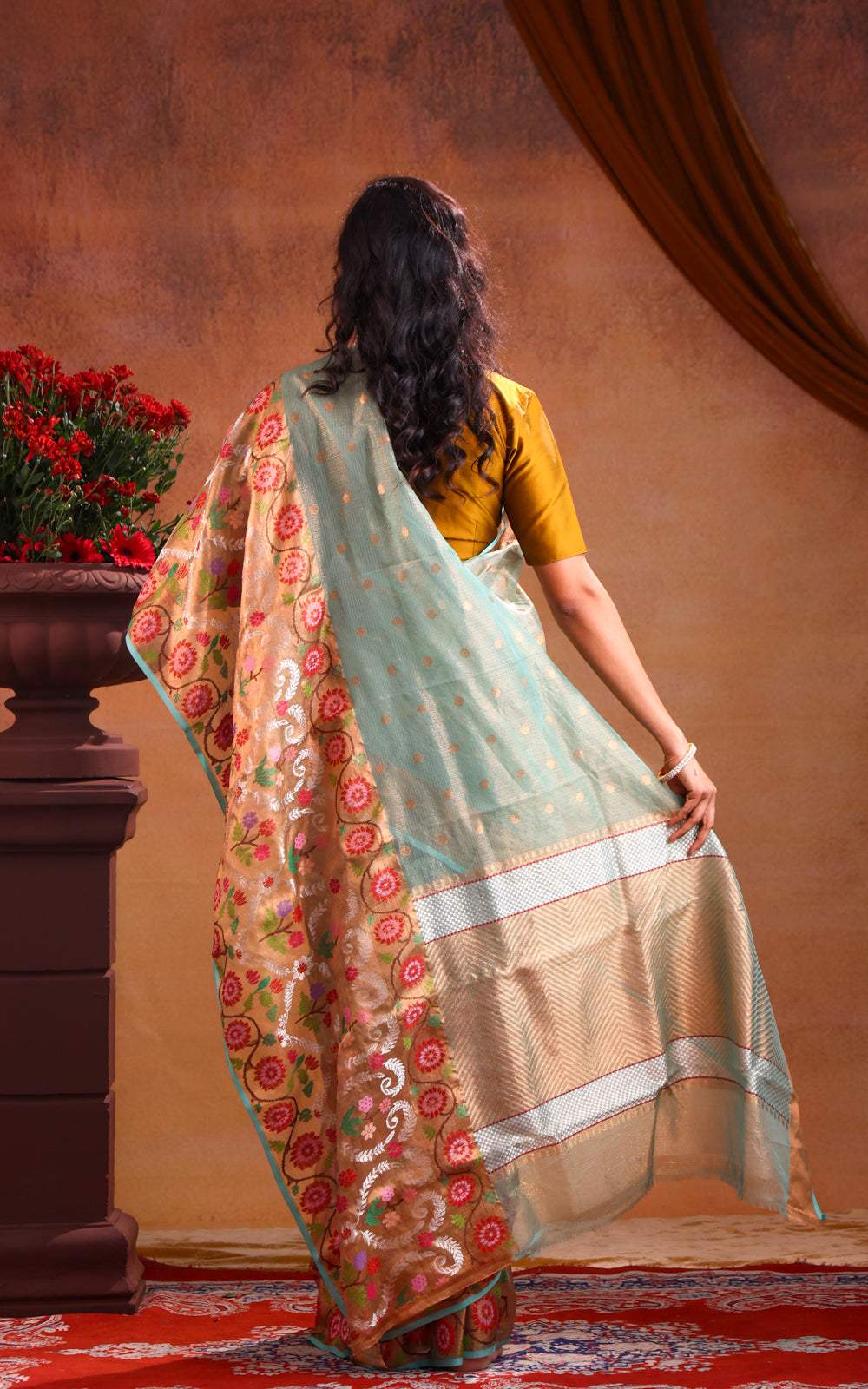 Teal Green Zari Kota Saree With Long Skirt Type Border