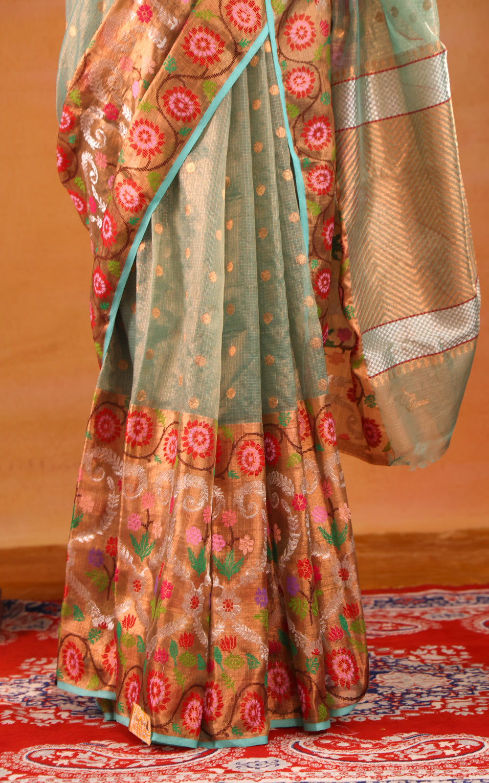 Teal Green Zari Kota Saree With Long Skirt Type Border