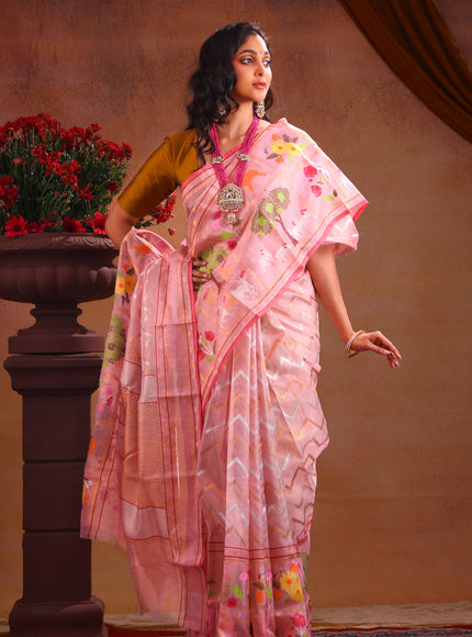 Baby Pink Zari Kota Saree With Silver & Gold Wavy Weaves