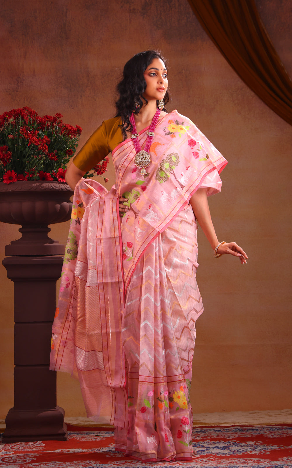 Baby Pink Zari Kota Saree With Silver & Gold Wavy Weaves