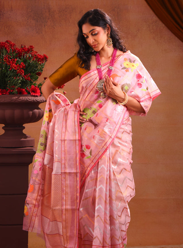 Baby Pink Zari Kota Saree With Silver & Gold Wavy Weaves