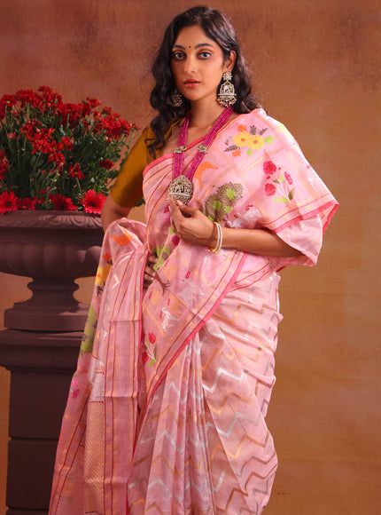 Baby Pink Zari Kota Saree With Silver & Gold Wavy Weaves
