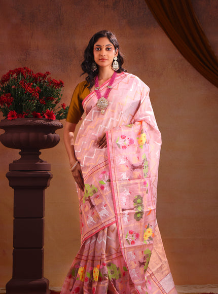 Baby Pink Zari Kota Saree With Silver & Gold Wavy Weaves