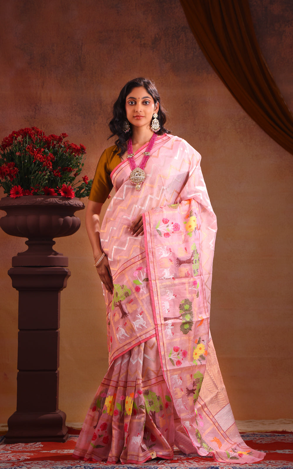 Baby Pink Zari Kota Saree With Silver & Gold Wavy Weaves