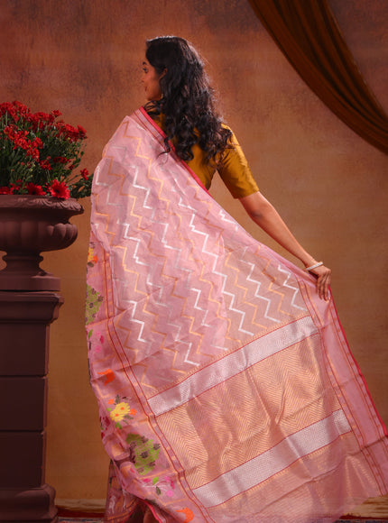Baby Pink Zari Kota Saree With Silver & Gold Wavy Weaves