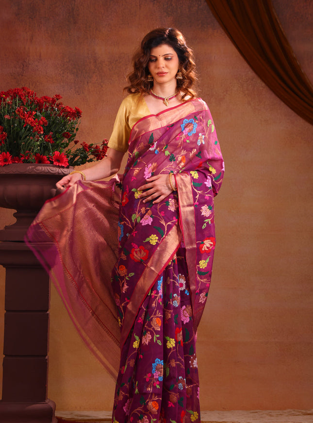 Deep Purple Zari Kota Saree With Jamdani Weaves