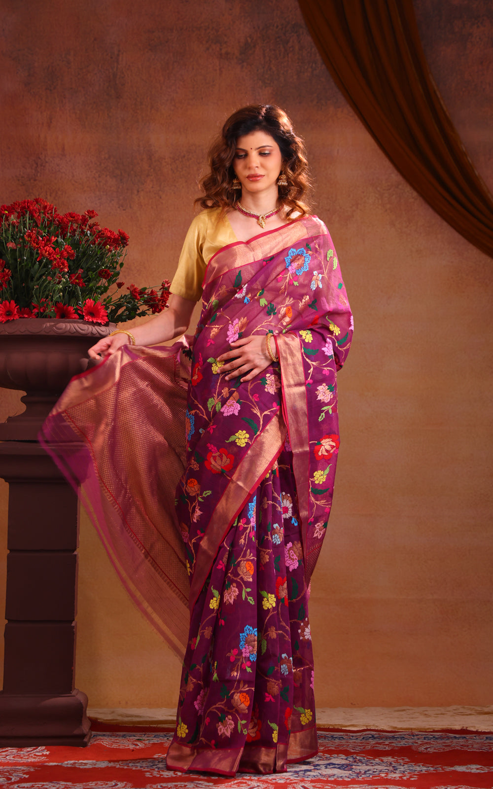 Deep Purple Zari Kota Saree With Jamdani Weaves