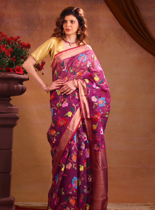 Deep Purple Zari Kota Saree With Jamdani Weaves