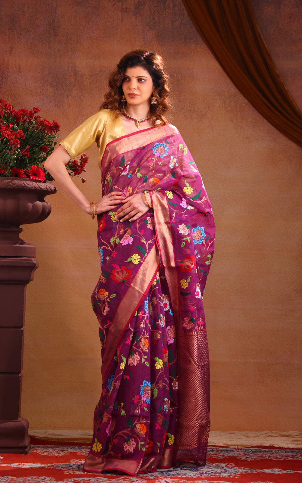 Deep Purple Zari Kota Saree With Jamdani Weaves