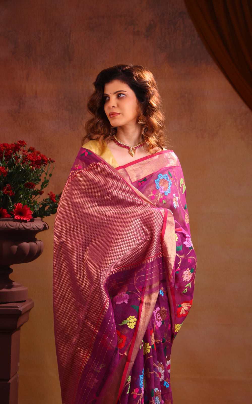 Deep Purple Zari Kota Saree With Jamdani Weaves