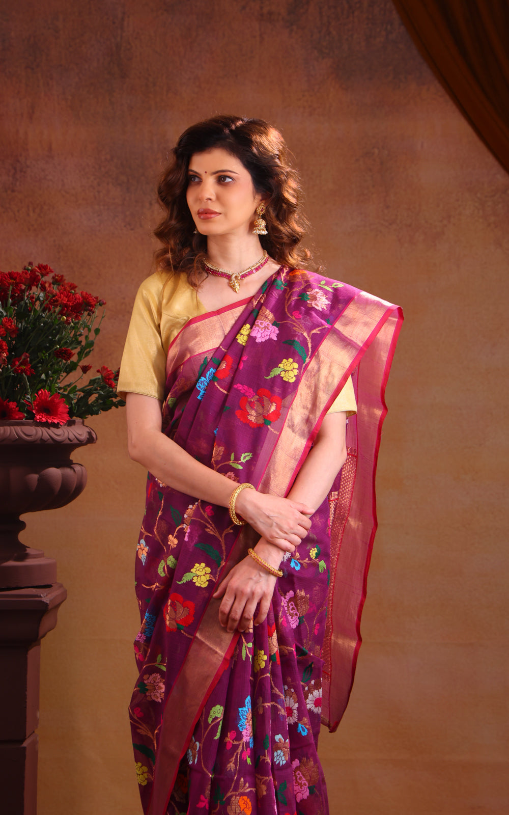 Deep Purple Zari Kota Saree With Jamdani Weaves