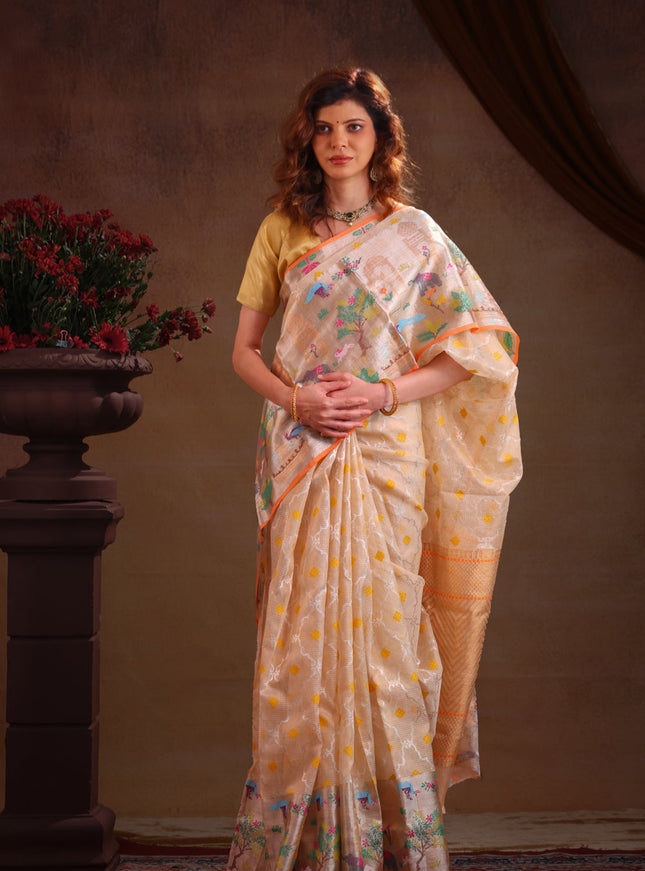 Cream Zari Kota Saree With Rich Mina Border