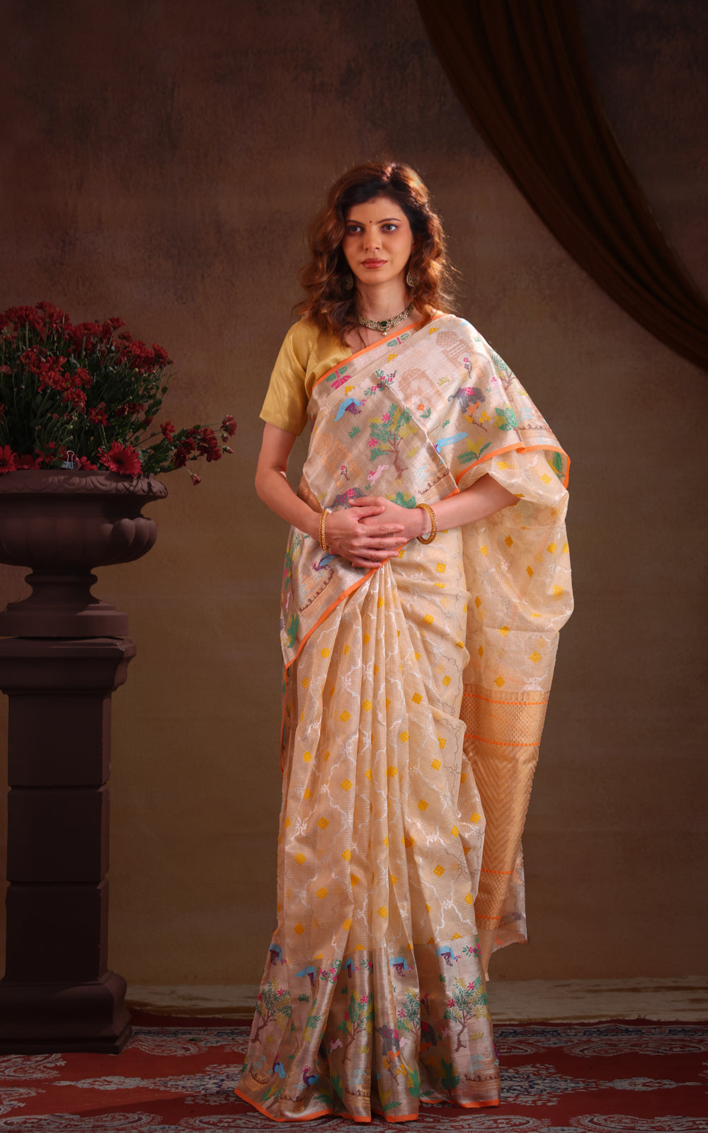 Cream Zari Kota Saree With Rich Mina Border