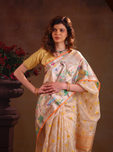 Cream Zari Kota Saree With Rich Mina Border