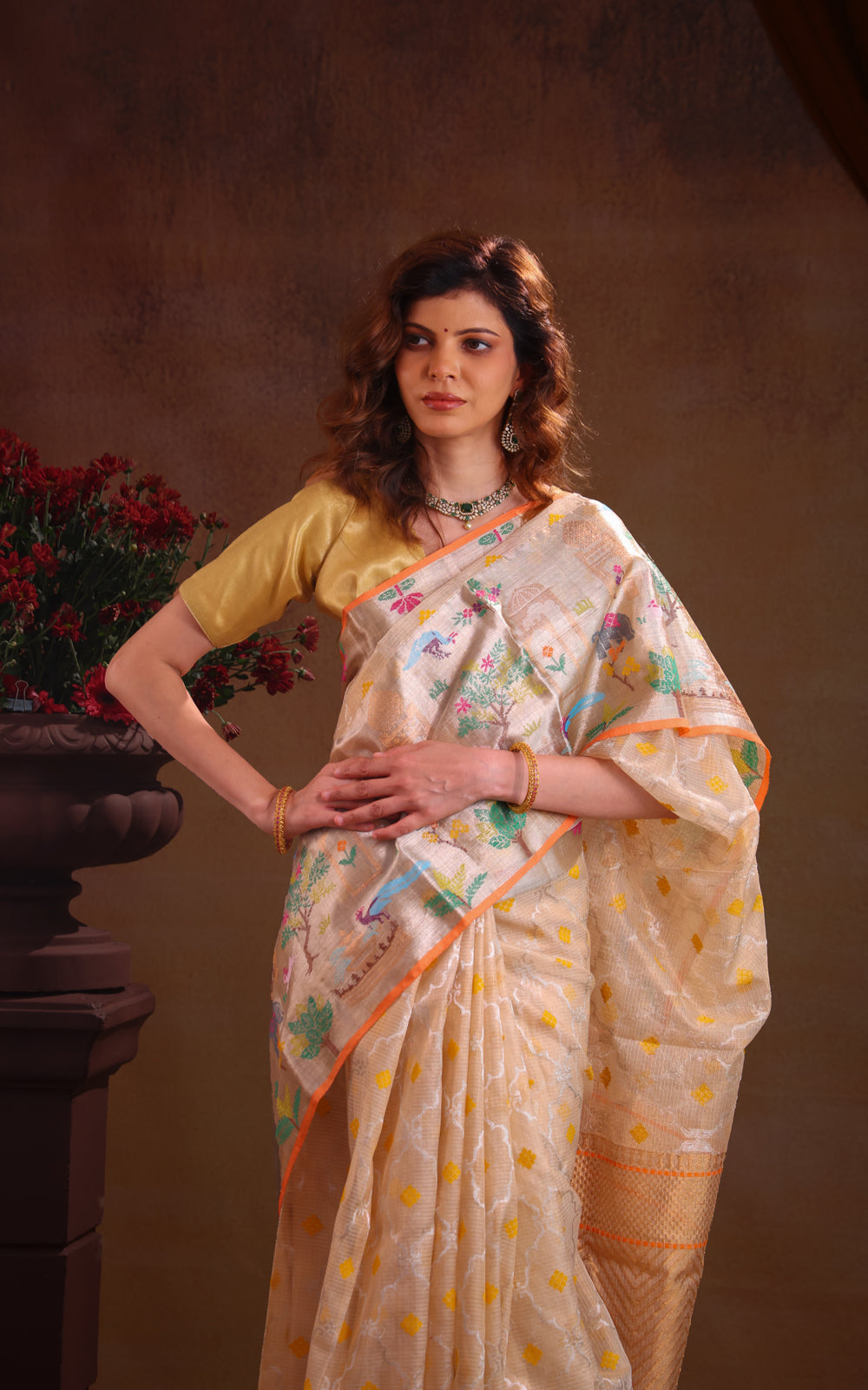 Cream Zari Kota Saree With Rich Mina Border