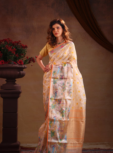 Cream Zari Kota Saree With Rich Mina Border