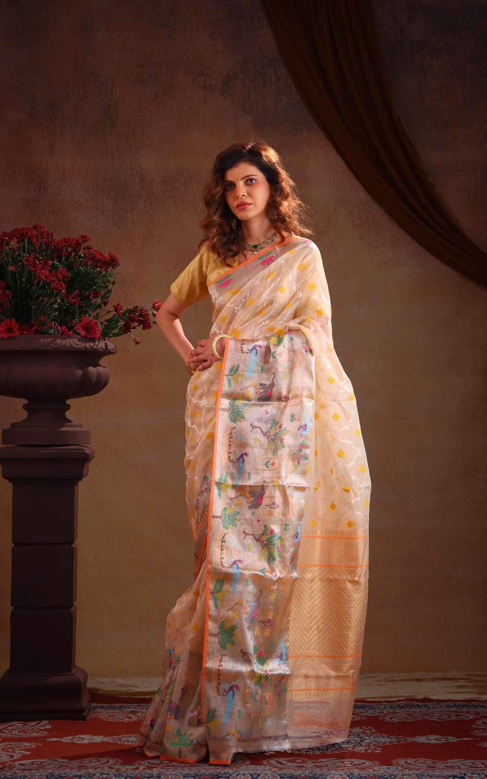 Cream Zari Kota Saree With Rich Mina Border