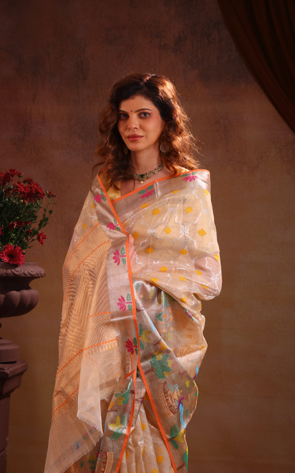 Cream Zari Kota Saree With Rich Mina Border