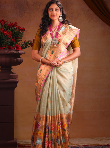 Pastel Green Zari Kota Saree With Skirt Type Border