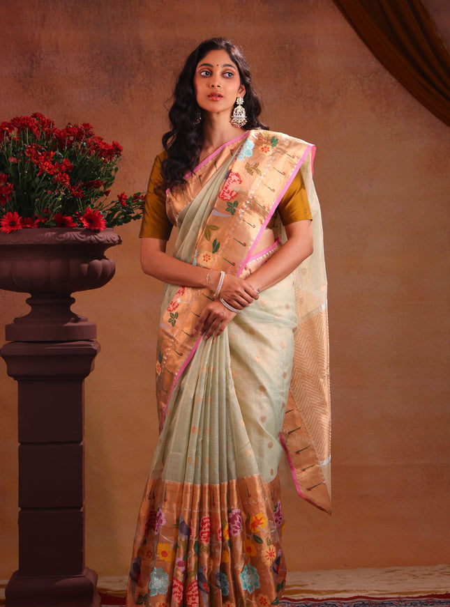 Pastel Green Zari Kota Saree With Skirt Type Border