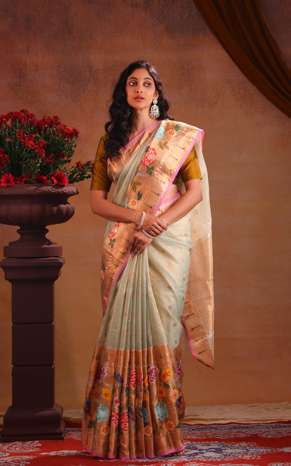 Pastel Green Zari Kota Saree With Skirt Type Border