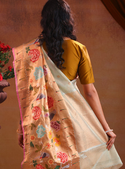 Pastel Green Zari Kota Saree With Skirt Type Border