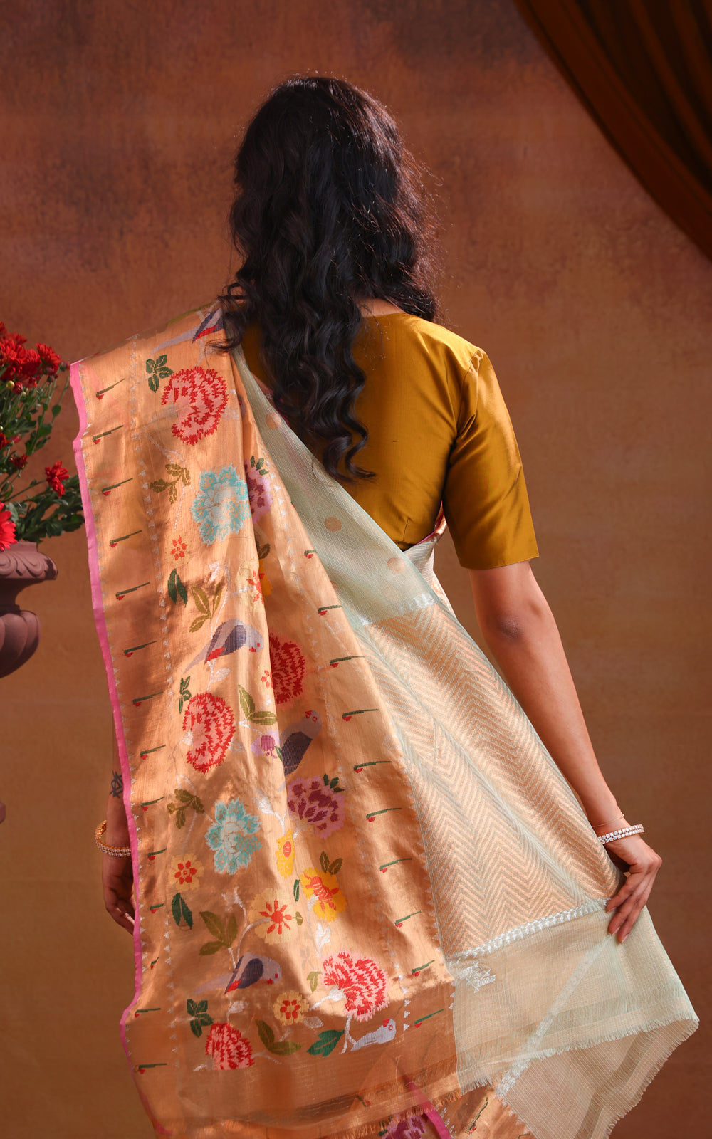 Pastel Green Zari Kota Saree With Skirt Type Border