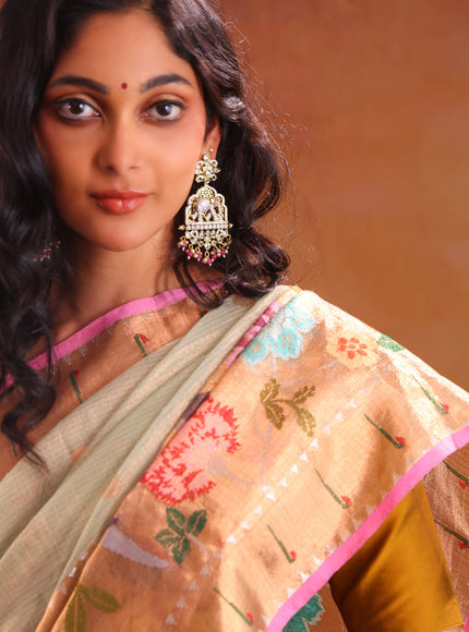 Pastel Green Zari Kota Saree With Skirt Type Border