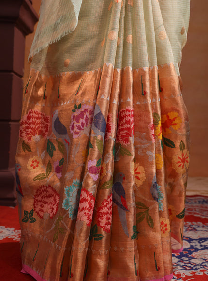 Pastel Green Zari Kota Saree With Skirt Type Border