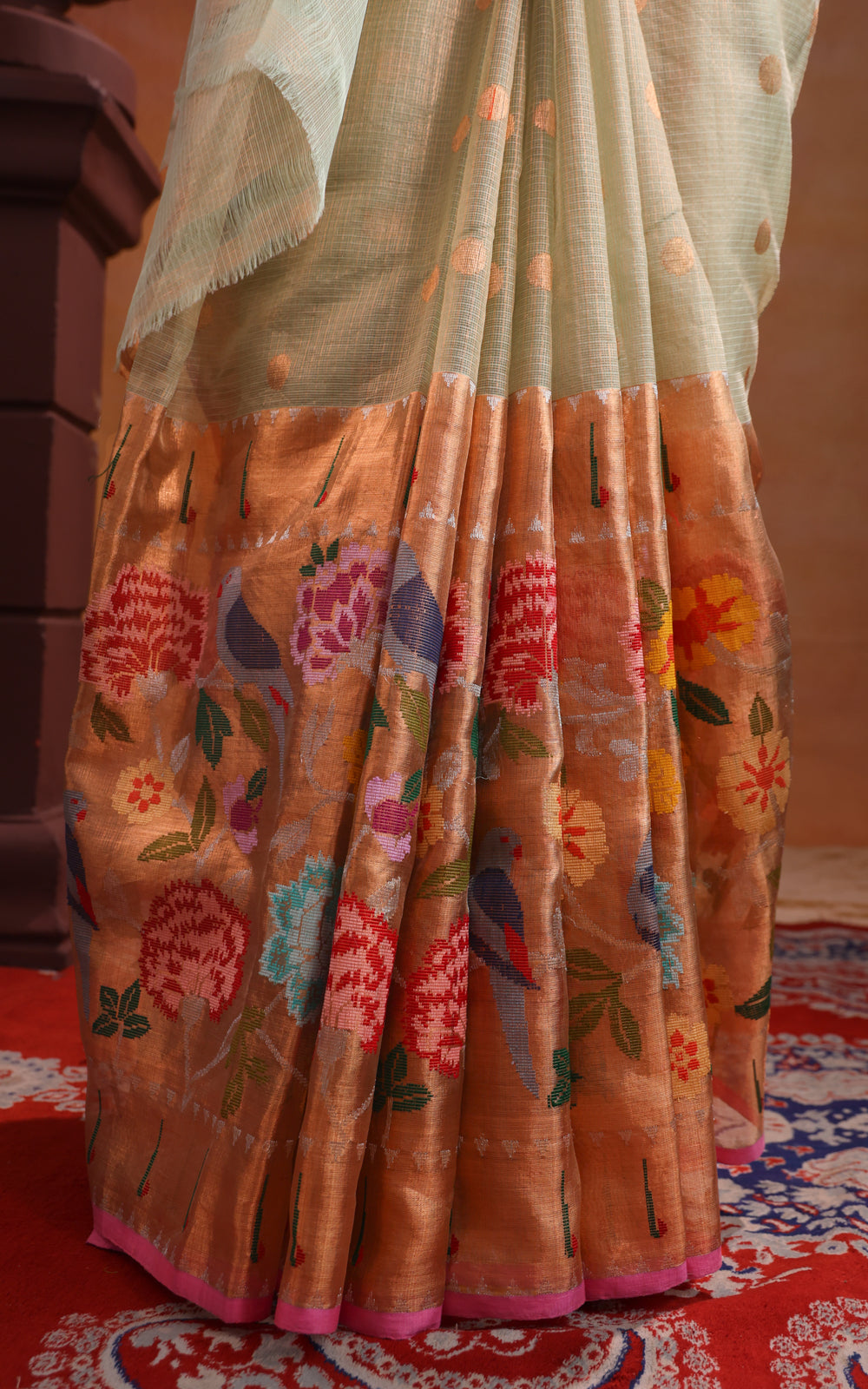Pastel Green Zari Kota Saree With Skirt Type Border
