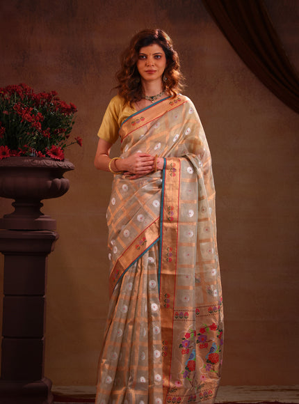 Pastel Green Zari Kota Saree With Zari Checks & Silver Butta
