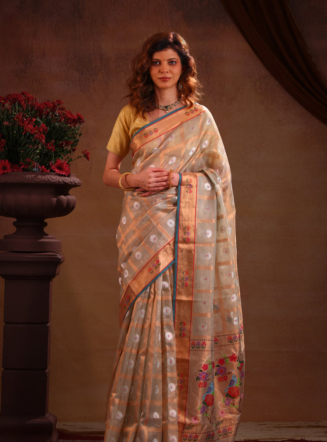 Pastel Green Zari Kota Saree With Zari Checks & Silver Butta