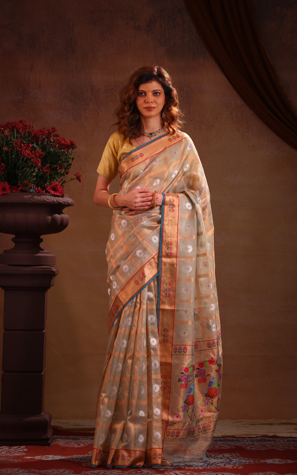 Pastel Green Zari Kota Saree With Zari Checks & Silver Butta