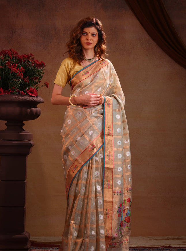 Pastel Green Zari Kota Saree With Zari Checks & Silver Butta