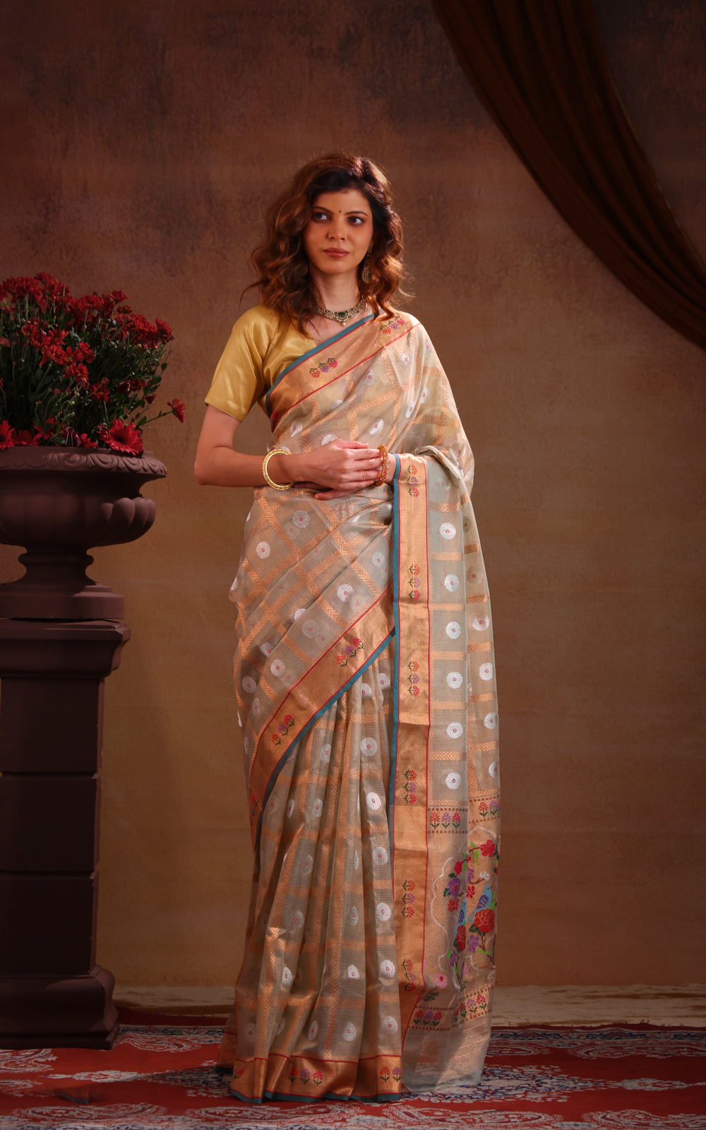Pastel Green Zari Kota Saree With Zari Checks & Silver Butta