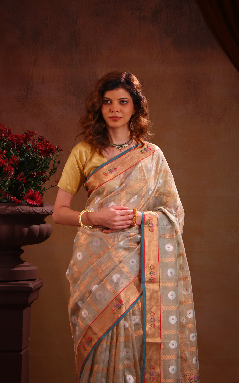 Pastel Green Zari Kota Saree With Zari Checks & Silver Butta