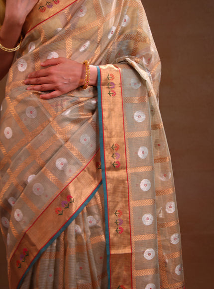 Pastel Green Zari Kota Saree With Zari Checks & Silver Butta